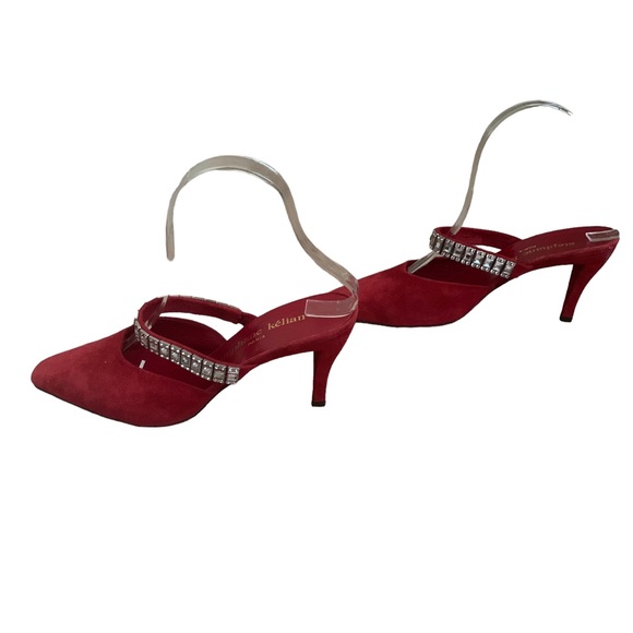 Vintage 90s Stephane Kelian Red Suede Mules Rhinestone Straps sz 8 - Picture 6 of 10